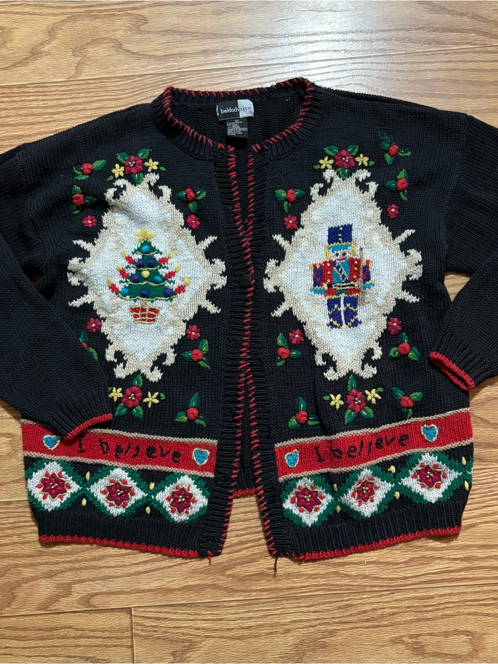 Vintage Beldoch Popper I Believe Knit Christmas Cardigan Sweater Grannycore 2X